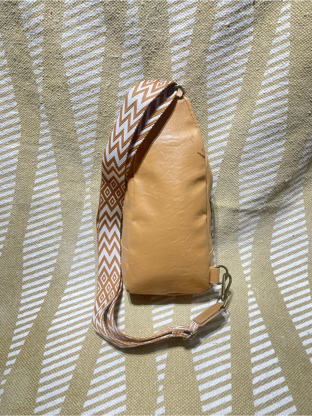 Tan Crossbody Sling Bag with Patterned Strap - Picture 8 of 16